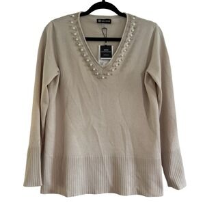 Cable & Gauge Soho Seasonless V-neck Pearl Rhinestone Sweater Pumicestone M NEW